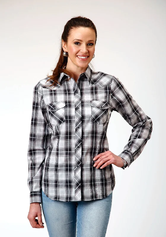 Roper Womens 1881 Plaid Black/Aqua Cotton Blend L/S Shirt Fashionable Plaid Short Sleeve