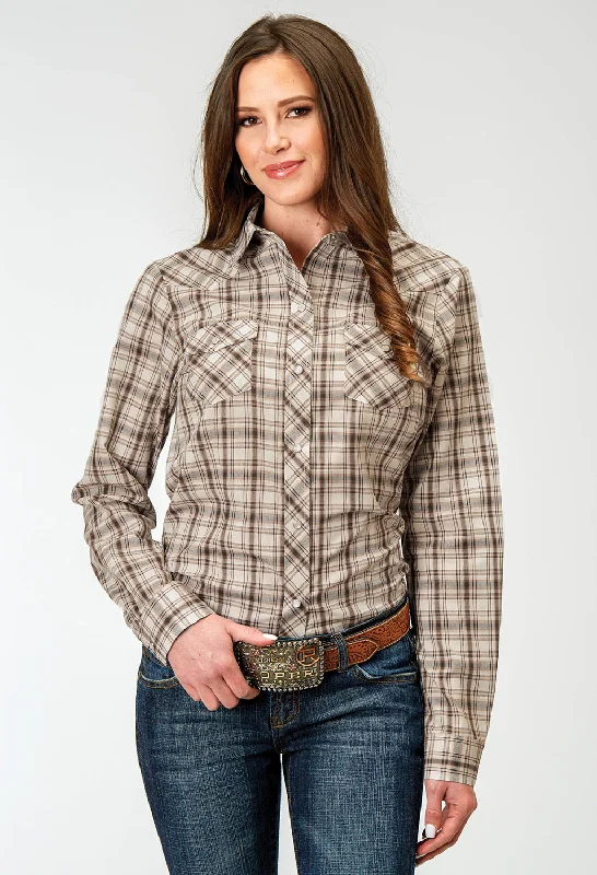 Roper Womens 1968 Desert Plaid Brown Cotton Blend L/S Shirt Elegant Longline Short Shirt