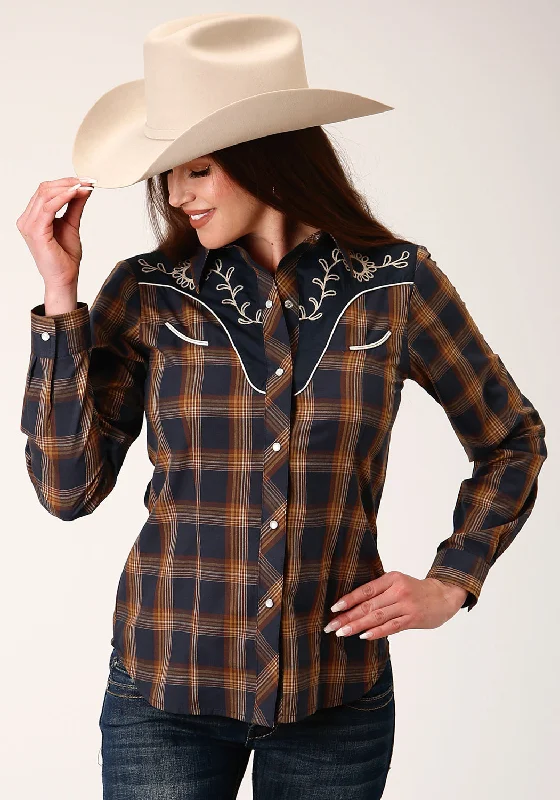 Roper Womens 822 Plaid Navy/Brown Cotton Blend L/S Shirt Comfortable Pocket Short Shirt