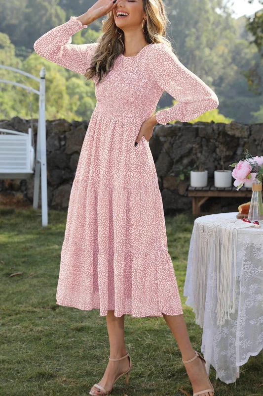 Round Neck Lantern Sleeve Midi Dress Trendy Mock Neck Midi Dress