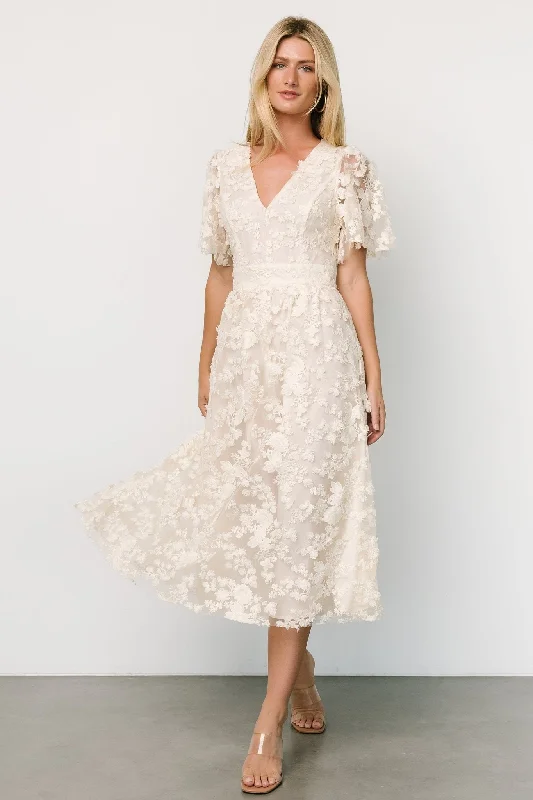 Sadie Embroidered Midi Dress | Vintage Cream Fashionable Pleated Midi Dress