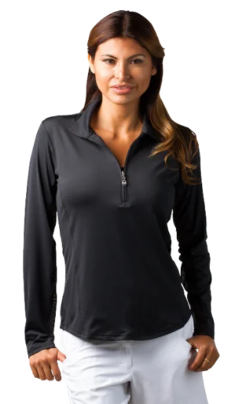 San Soleil SunGlow Performance Zip Polo Long Sleeve Shirt - Women's Chic Embellished Short Sleeve