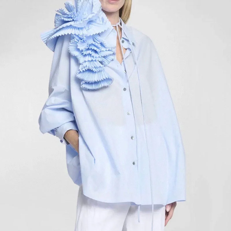 Sculptural Pleated Petal Pointed Collar Long Sleeve Button Down Oversized Shirt Modern Short Sleeve Top