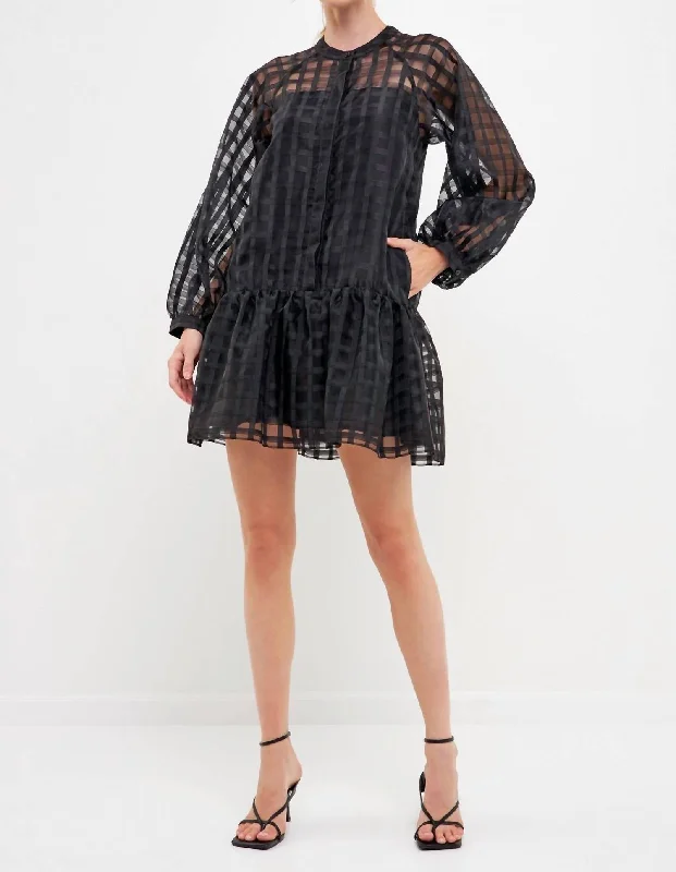 Sheer Checkered Organza Long Sleeve Mini Dress In Black Elegant Tulle Mini Dress