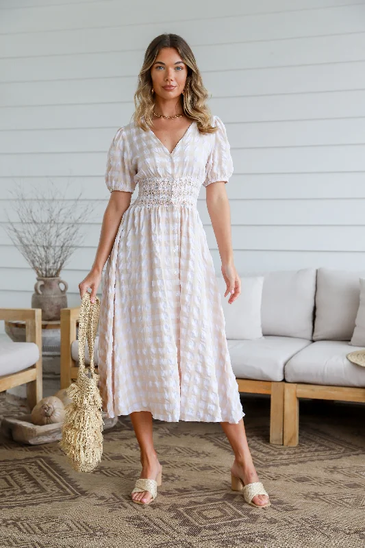 Shirred Button Through Check Midi Dress - Latte Cozy Wide Strap Midi Dress