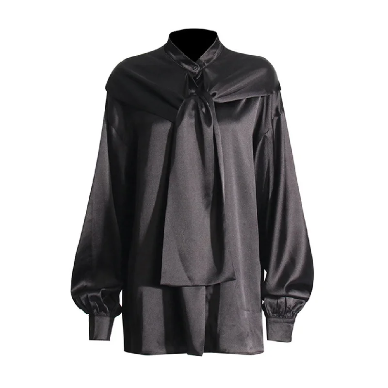 Silky Stand Collar Tie Neck Hooded Lantern Sleeve Oversized Satin Shirt Casual Boxy Short Shirt