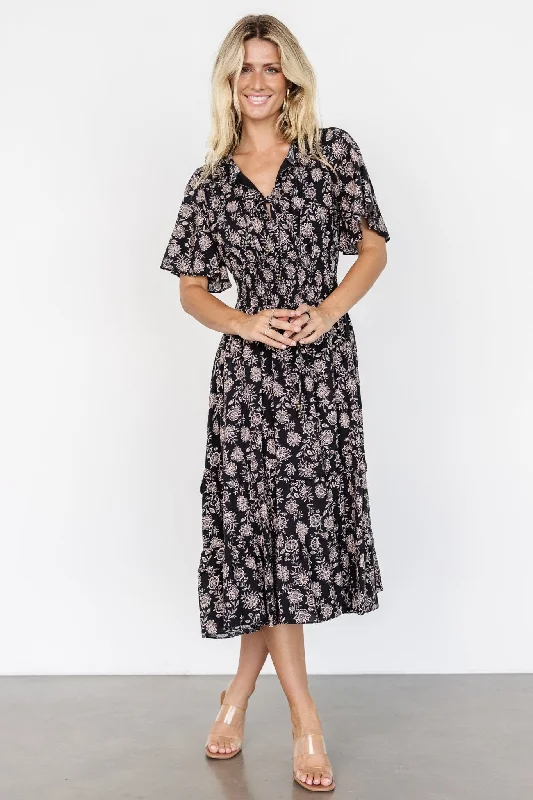 Spell Boho Midi Dress | Black + Taupe Floral Comfortable Stretch Midi Dress