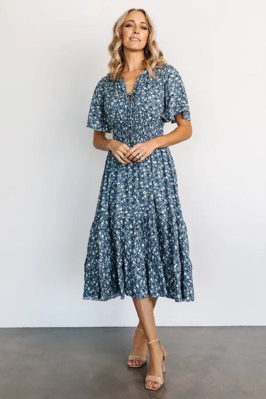 Spell Boho Midi Dress | Blue Floral Comfortable Knitwear Midi Dress