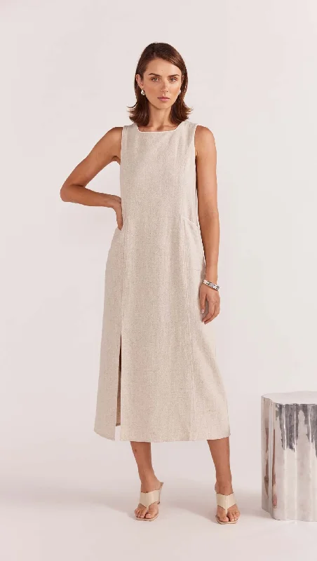 Staple the Label Alba Midi Dress - Natural Stylish Pleated Skirt Midi Dress