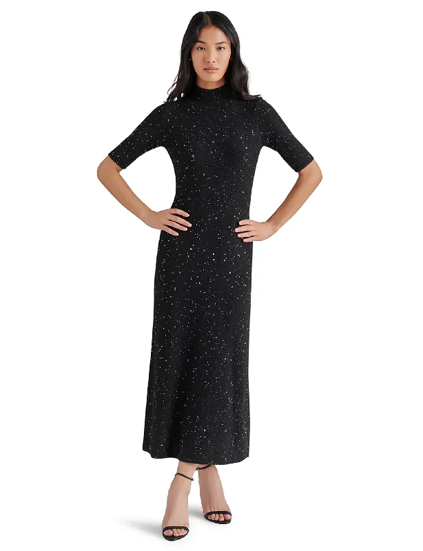 Pernille Sparkly Midi Dress, Black Trendy Off-Shoulder Ruffle Midi Dress