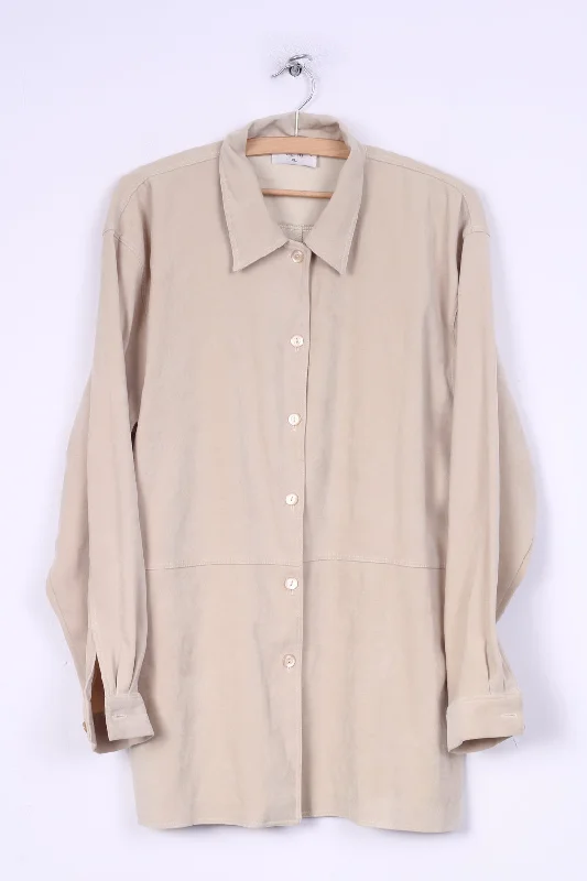 Strand Womens XL Casual Shirt Blouse Long Sleeve Retro Beige Chic Button-Up Short Shirt