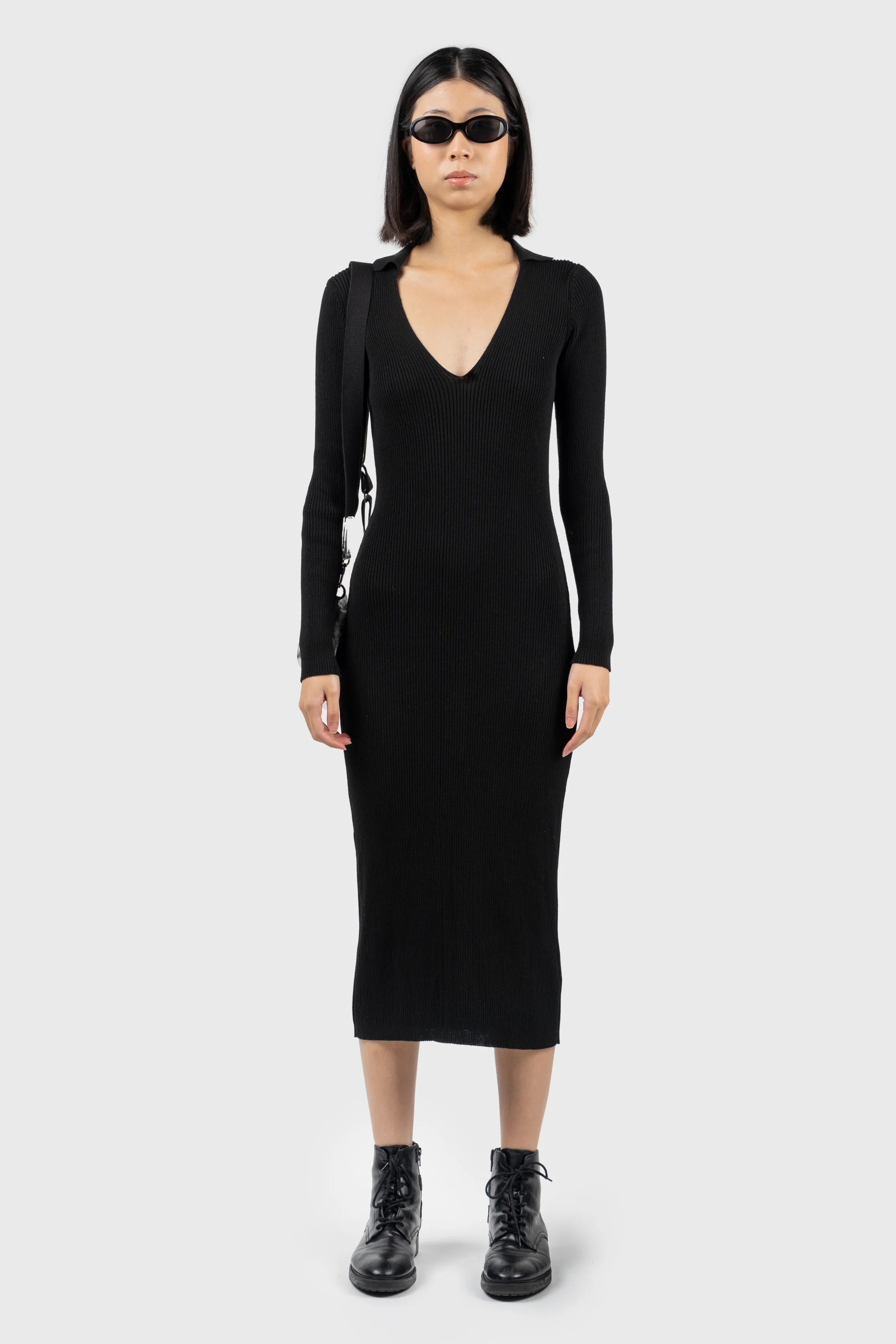 V-neck Jersey Midi Dress Elegant Puff Sleeve Midi Dress