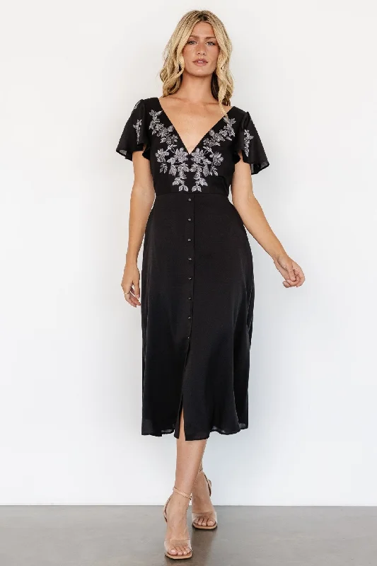 Swan Bead Embroidered Midi Dress | Black Comfortable Floral Print Midi Dress