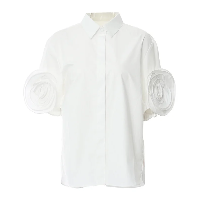 Swirling Rosette Applique Short Sleeve Oversized Collared Button Up Shirt Casual Slouchy Short Sleeve