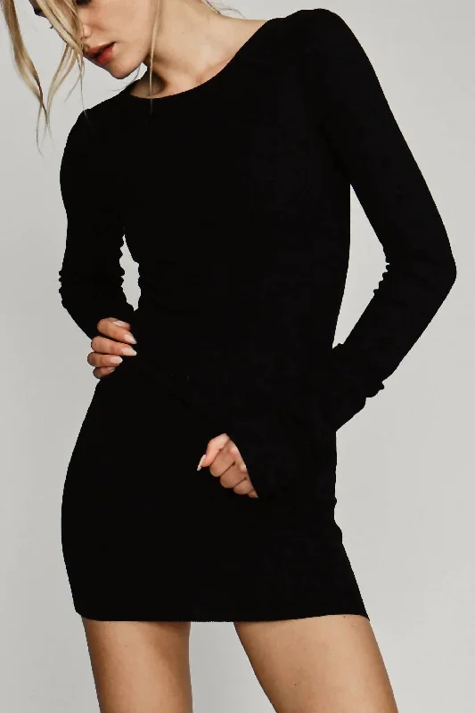 Textured Knit Long Sleeve Mini Dress In Black Fashionable Party Mini Dress