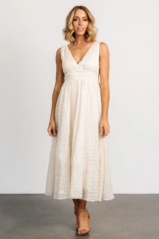 Thalia Embroidered Tank Midi Dress | Vintage Cream Elegant Satin Slip Midi Dress