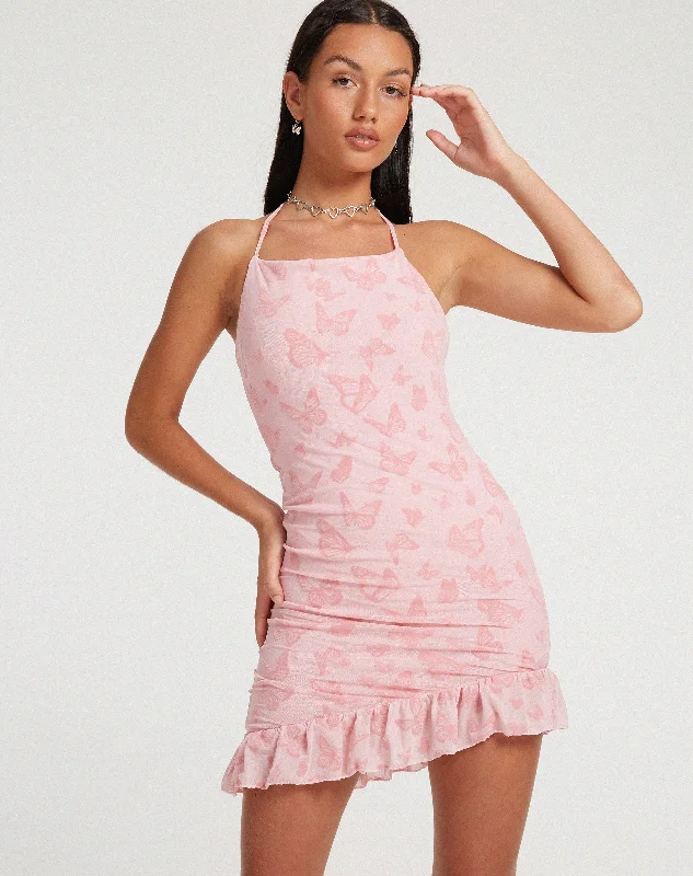 Vania Mini Dress in Butterfly Pink Flock Chic Halter Mini Dress