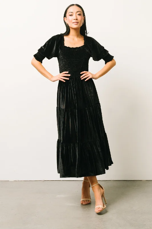 Vivaldi Smocked Velvet Midi Dress | Black Fashionable Plaid Midi Dress