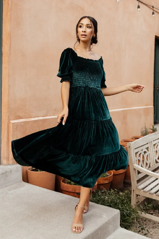 Vivaldi Smocked Velvet Midi Dress | Dark Green Stylish Tiered Midi Dress