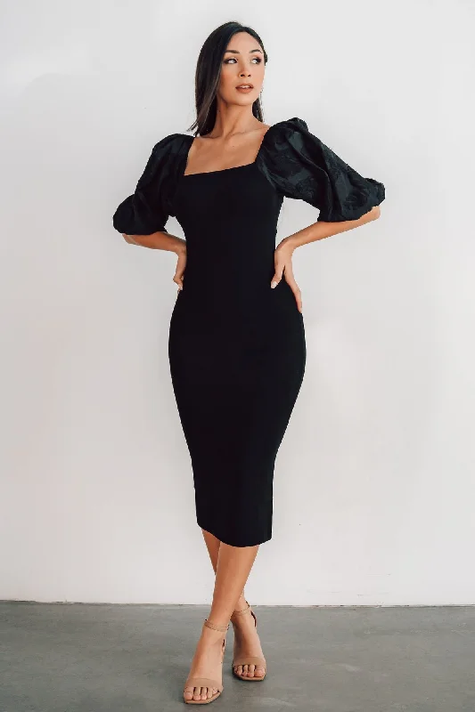 Weyland Bodycon Midi Dress | Black Comfortable Fit-and-Flare Midi Dress