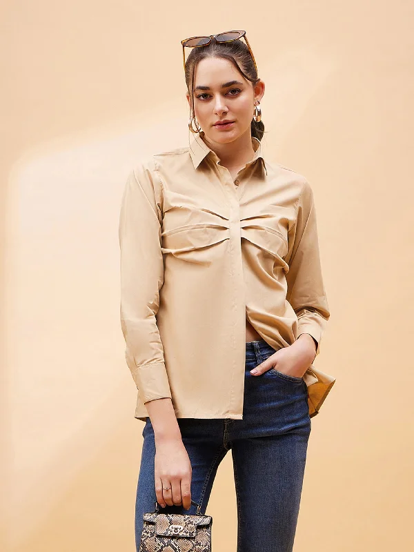 Women Beige Pleated Detail Shirt Fashionable Sheer Short Shirt