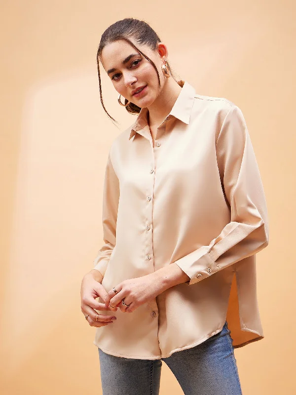 Women Beige Solid Satin Regular Shirt Casual Oversized Short Shirt