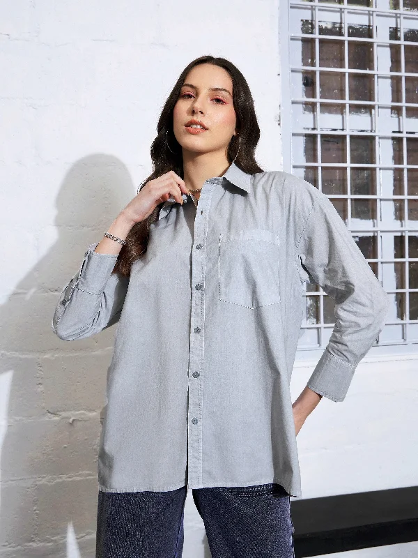 Women Grey Poplin Shirt Stylish Round Neck Shirt