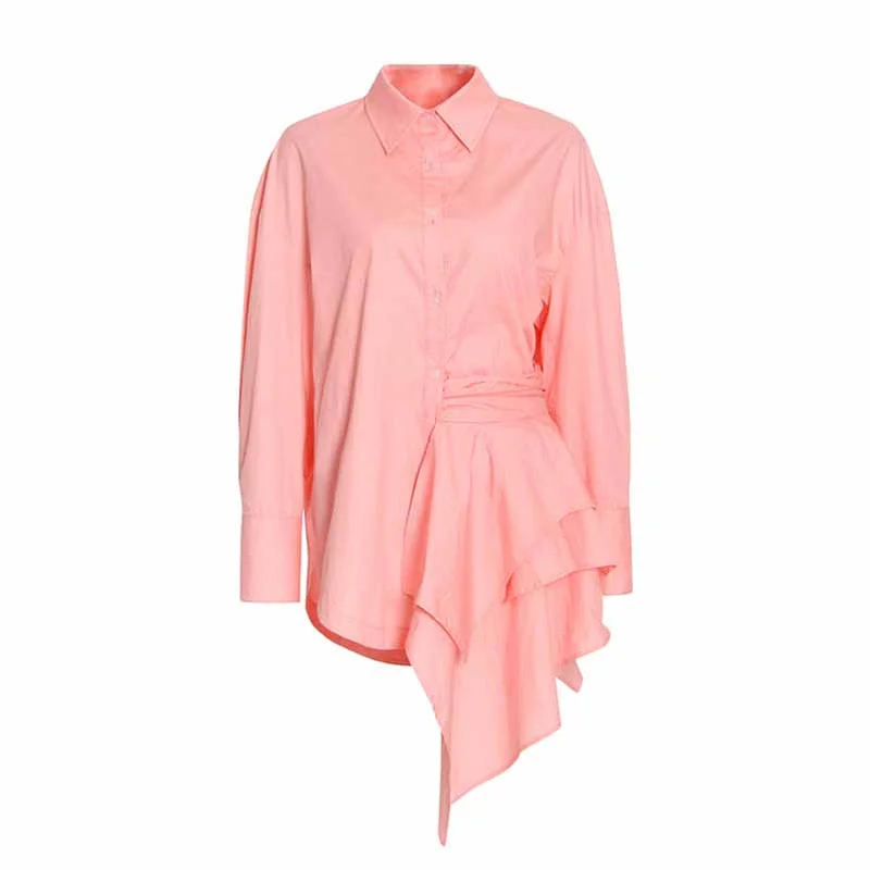 Women Lapel Long-sleeve Loose Shirt Detachable Asymmetric Blouse Top Trendy Button-Front Short Sleeve