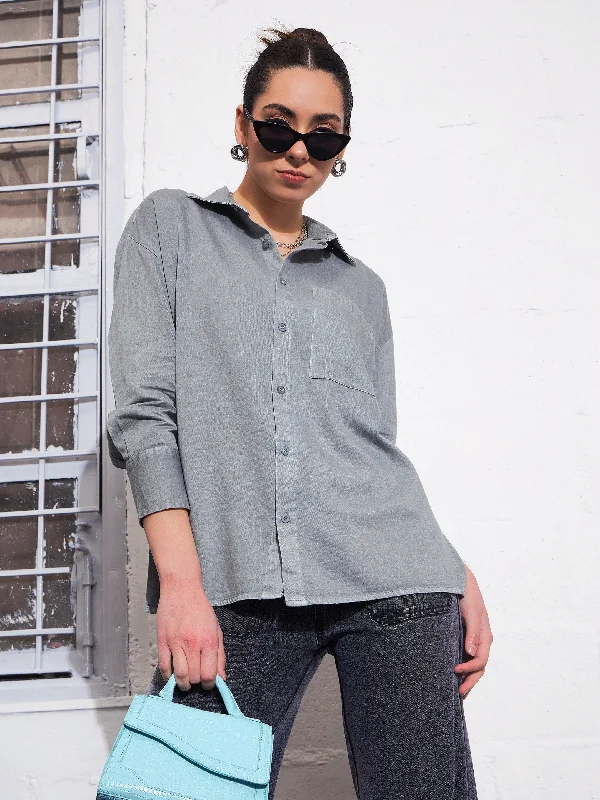 Women Light Blue Cotton Twill Oversized Shirt Comfortable Pocket Short Shirt