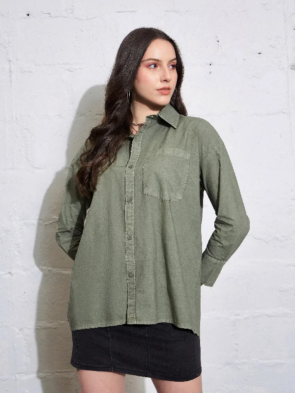 Women Olive Poplin Shirt Fashionable Cuffed Short Sleeve