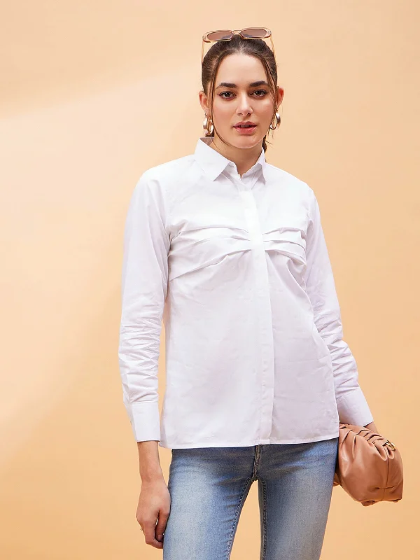 Women White Pleated Detail Shirt Stylish Short Sleeve Top