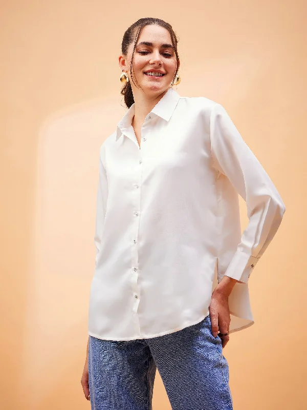 Women White Solid Satin Regular Shirt Comfortable Summer Short Shirt