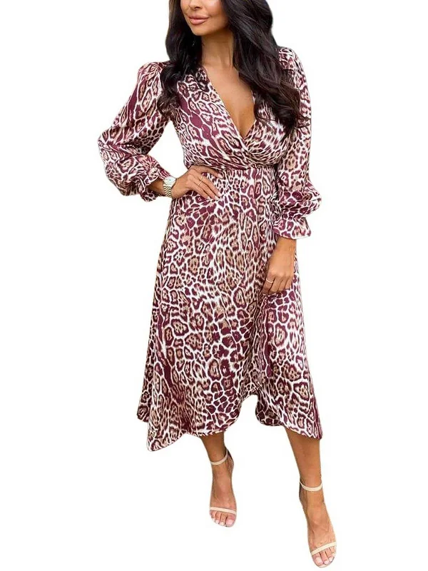 Womens Animal Print Faux Wrap Midi Dress Comfortable Casual Midi Dress