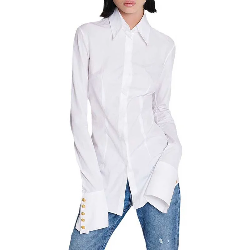 Women's Long Sleeves Fitted White Shirt Comfortable Short Sleeve Tee