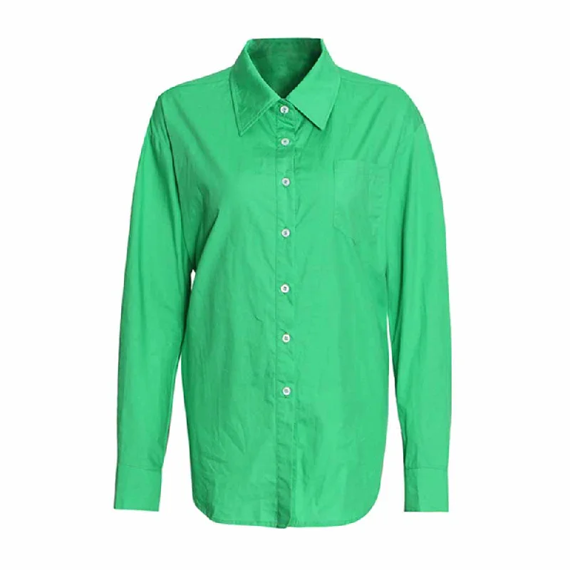 Women's Green Loose Shirt Relaxed Cotton Short Shirt