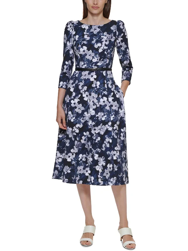 Womens Knit Floral Midi Dress Stylish Pleated Skirt Midi Dress