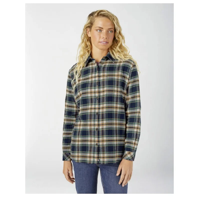 Women's Long Sleeve Plaid Flannel Work Shirt FL075 - Ink Navy Trendy Floral Short Sleeve