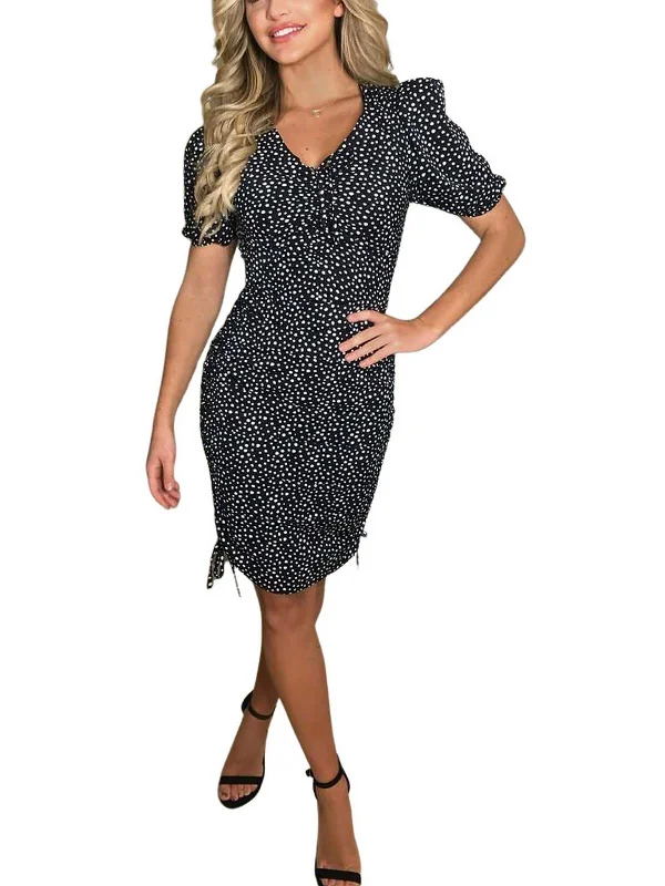 Womens Polka Dot Calf Midi Dress Comfortable Ruched Midi Dress