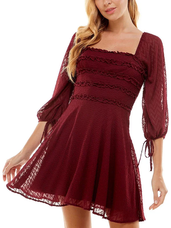 Womens Textured Square-neck Mini Dress Trendy Off-Shoulder Dress Mini