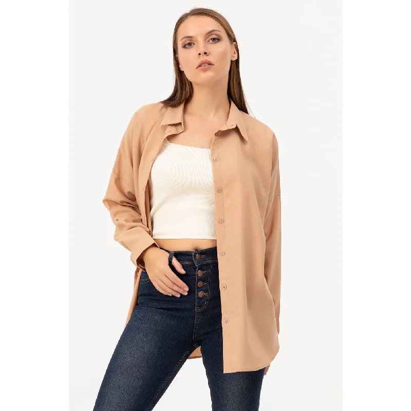 Coffee Oversized Shirt Relaxed Cotton Short Shirt