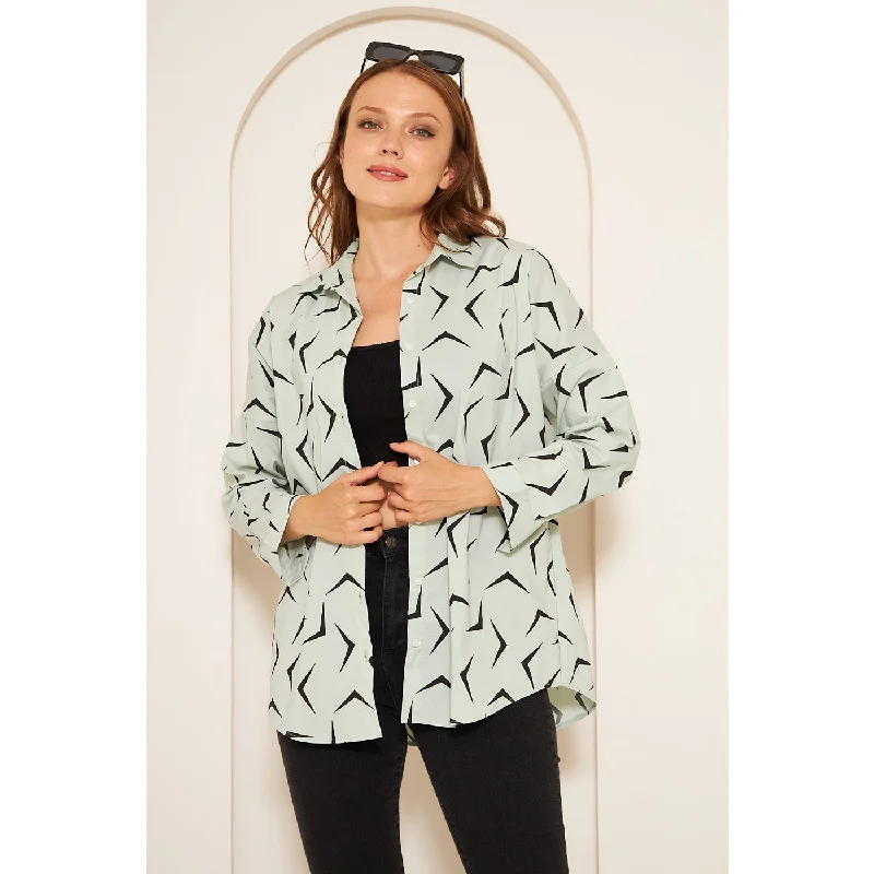 Light Green Patterned Oversized Shirt Modern Short Sleeve Top