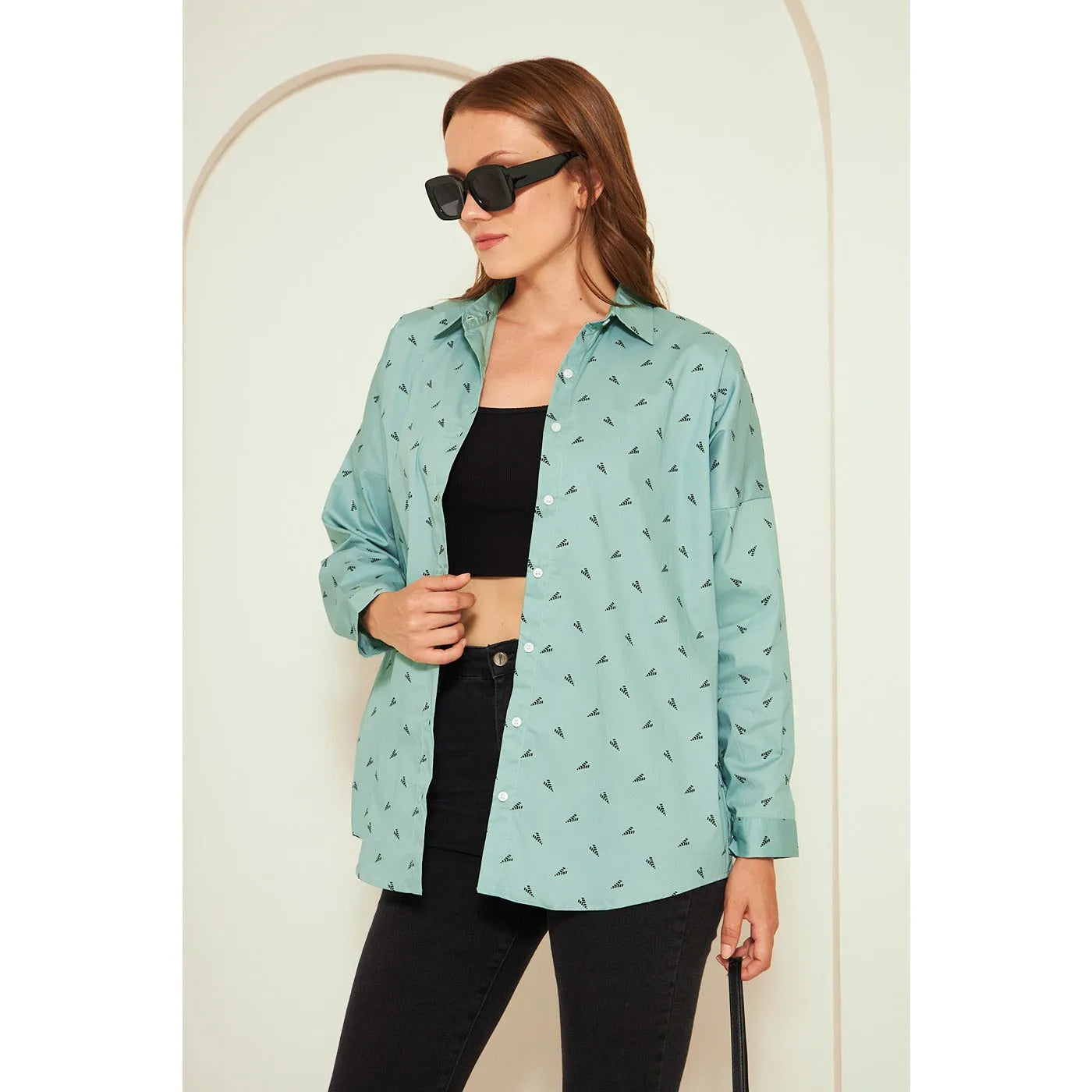 Light Green Printed Oversized Shirt Elegant Silk Short Shirt