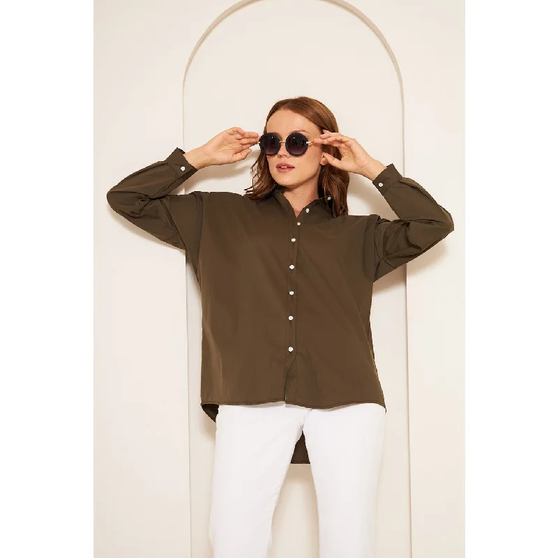 Olive Green Oversized Shirt Trendy Ruffled Short Sleeve