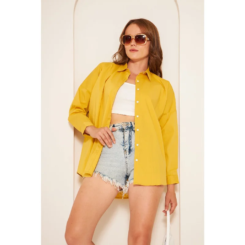 Mustard Oversized Shirt Casual Cotton Short Shirt