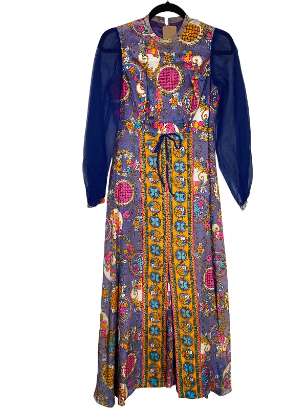 Online Exclusive 1960s Psychedelic Maxi Dress w Sheer Sleeves Classic A-Line Maxi Dress