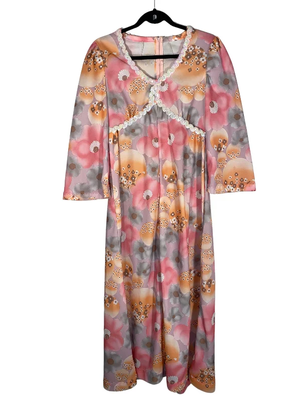 1970s Pastel Print Hippie Maxi Dress (L) Comfortable Casual Maxi Dress