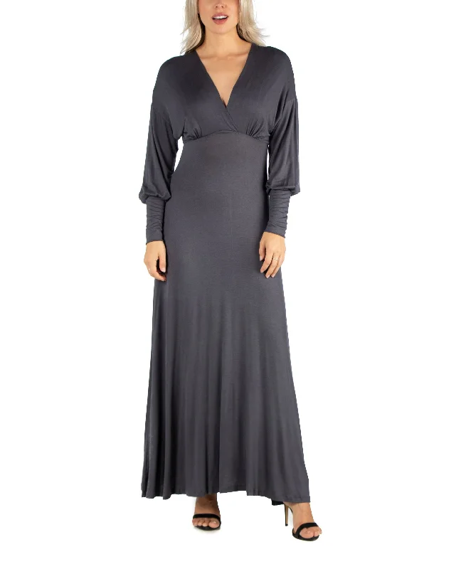 24seven Comfort Apparel Womens Formal Long Sleeve Maxi Dress Trendy Satin Maxi Dress