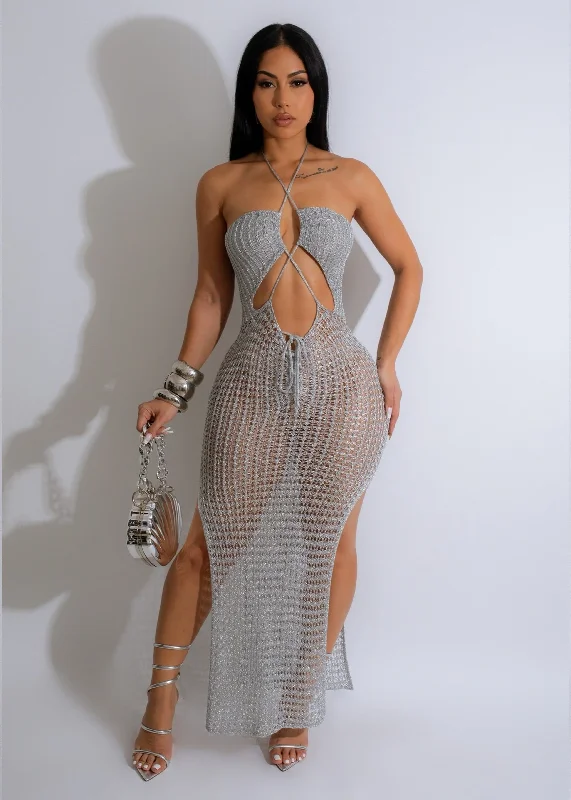 Absolutely Crochet Metallic Maxi Dress Silver Trendy Maxi Dress with Belt