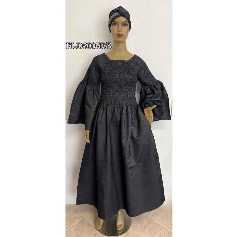 African Women's Denim Smocking Maxi Dress -- FI-D5007FS Elegant Tiered Maxi Dress