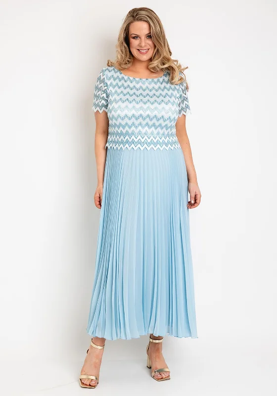 Allison Zig Zag Lace Overlay Pleated Maxi Dress, Sky Blue Fashionable Sleeveless Maxi Dress